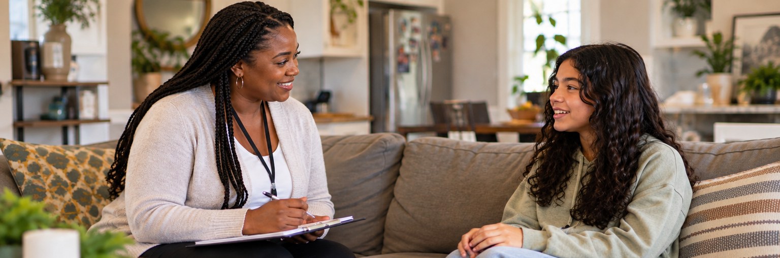 Illustrative photograph of a Black therapist speaking with an adolescent in a home living room