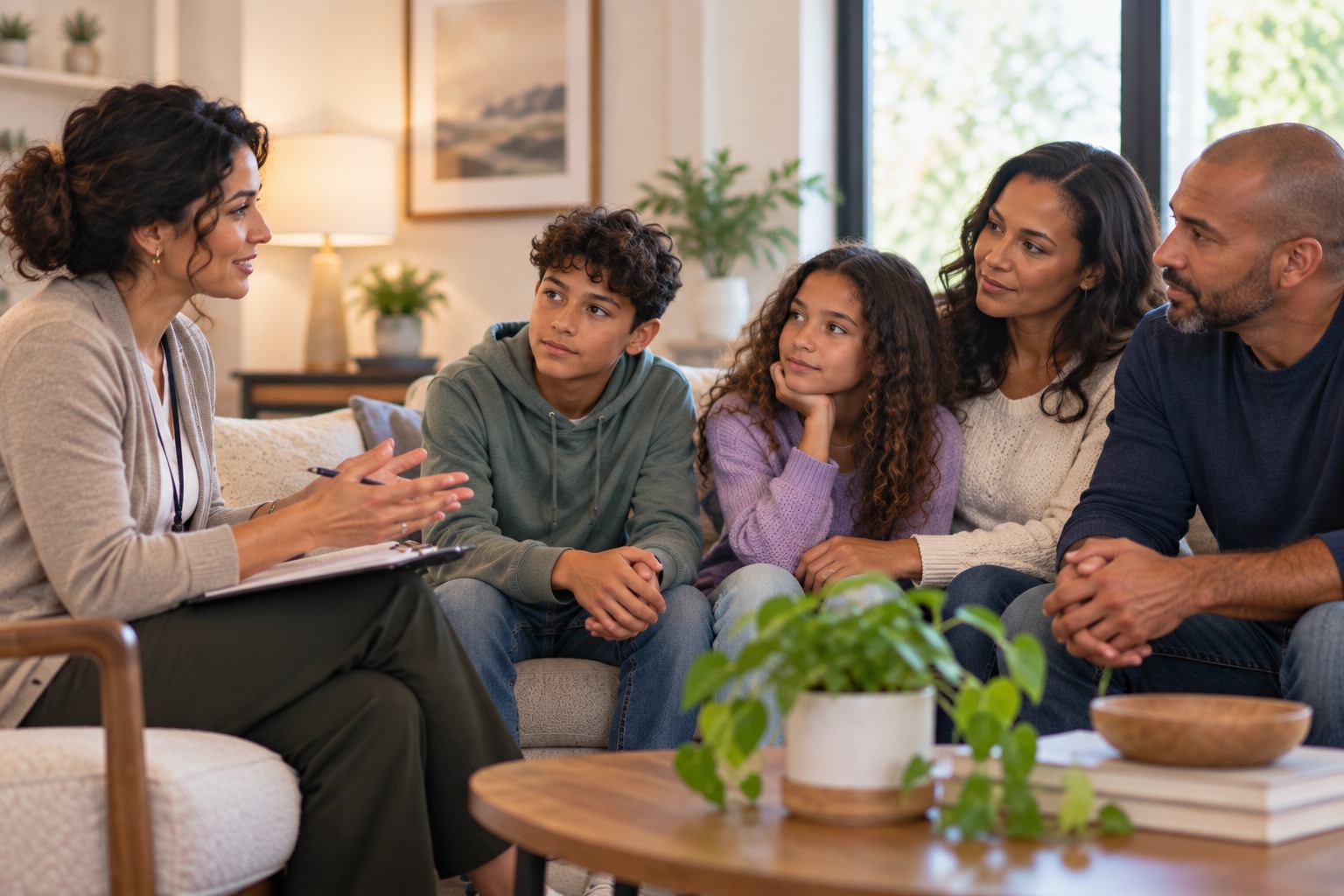 Female therapist facilitating a family counseling session with parents and two children in a comfortable living room